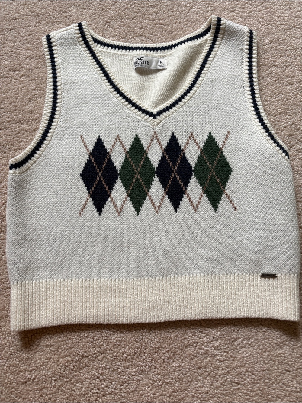 Hollister Cream Argyle V-Neck Knit Vest with Navy & Green Diamonds